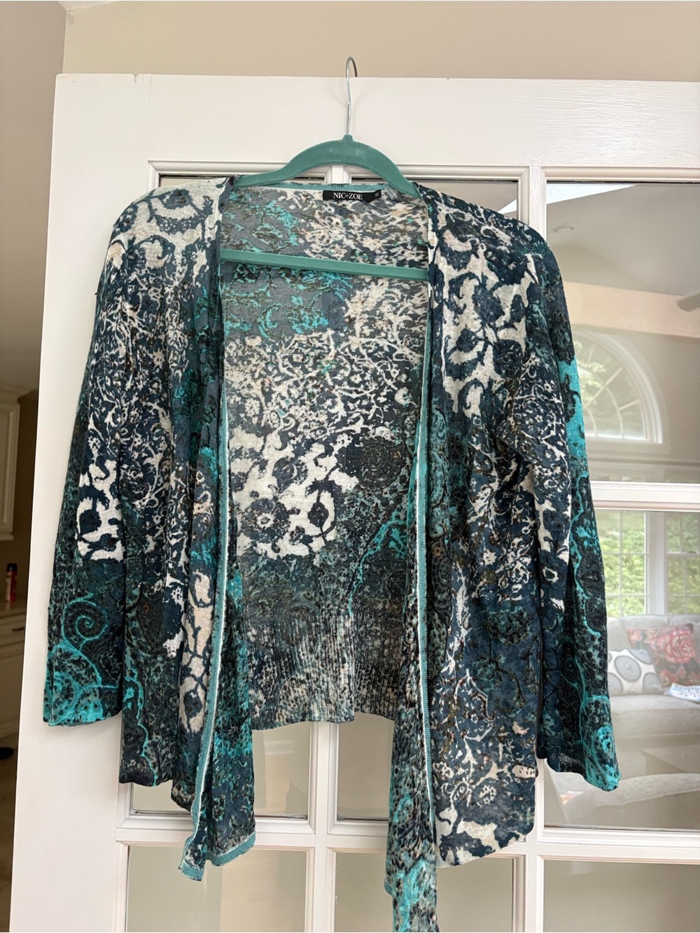 NIC+ZOE Teal Black White Open-Front Printed Cardigan
